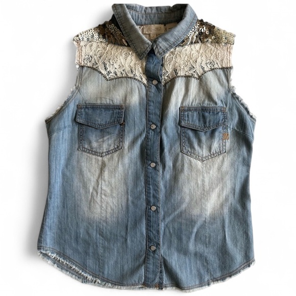 Miss Me Denim Top with Lace and sequin Wester cowgirl look size Medium - Picture 2 of 9